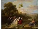 Landschaft mit Mythologischer Szene und Einem Flussgott by Abraham Willemsens, oil on copper, offered Mar 2015