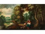 Maria mit dem Kind und dem Johannesknaben in Einer Baumlandschaft mit Flusslauf by Pieter van Avont, oil on panel, offered Dec 2018