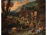 Wallfahrt zu Einer Kapelle auf dem Lande, mit Bänkelsänger by Alessandro Magnasco, oil on canvas, sold Mar 2015