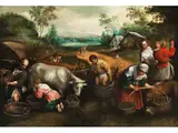 Dörfliche Herbstszene by genannt „Jacopo Bassano“ Jacopo da Ponte, oil on panel, offered Sep 2019