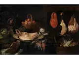 Küchenstillleben mit Katze und Hund by Adriaen van Utrecht, oil on canvas, sold Sep 2018