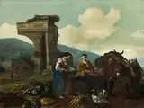 Südliche Landschaft mit Gemüseverkäufern by Hendrick Mommers, oil on panel, offered Dec 2018