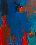 Abstract Composition in Blue and Red by Robert O'Meara, Oil on Canvas, sold Aug 2025