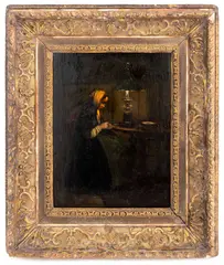 Woman Sewing By Lamp Light by Augustin Théodule Ribot, Oil on Panel, sold Aug 2025