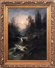 Moonlit River Landscape Scene by Albert Rieger, Oil on Canvas, sold Aug 2025