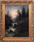 Moonlit River Landscape Scene by Albert Rieger, Oil on Canvas, sold Aug 2025