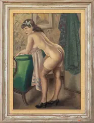 Standing Nude Woman in an Interior Scene by Emil Ganso, Oil on Canvas, sold Aug 2025