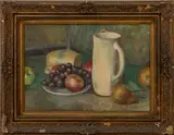 Still Life of White Jug and Fruit by Mark Farmer, Oil on Canvas, sold Aug 2025