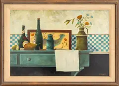 Still Life Scene by Rosaleen Davey, Oil on Masonite, sold Aug 2025