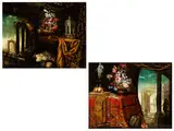 Zwei Stillleben mit Blumenvase, Früchten und Klassischen Ruinen im Hintergrund by Pier Francesco Cittadini, oil on canvas, offered Dec 2015