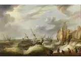 Handelsschiffe in Seenot vor Felsiger Küste by Isaac Willaerts, oil on panel, sold Mar 2025