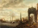 Küstenstück mit Hafencapriccio by Jacobus Storck, oil on panel, sold Mar 2024
