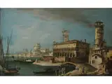 Lagunen-capriccio mit Gebäuden des Mittelalters und Turm by Apollonio Facchinetti, genannt „Domenichini“, tätig 1740 – 1770, oil on canvas, offered Jul 2018