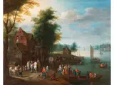 Flusslandschaft mit Reisenden auf dem weg in ein Dorf by Jan Frans Beschey, oil on canvas, offered Jun 2024
