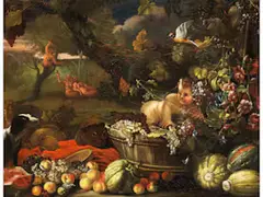 Früchtestillleben mit Satyr und Tieren by Abraham Brueghel, oil on canvas, offered Sep 2023
