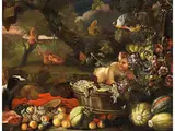 Früchtestillleben mit Satyr und Tieren by Abraham Brueghel, oil on canvas, offered Sep 2023