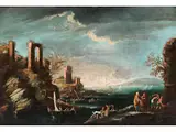 Hafenlandschaft mit Ruinen und Reicher Figurenstaffage by Marco Ricci, oil on canvas, offered Sep 2023