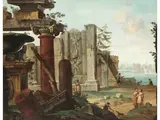 Ruinencapriccio am Flusslauf mit Figuren by Antonio Joli, oil on canvas, offered Sep 2023