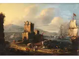 Capriccio Eines Hafens mit Segelschiffen by Johann Anton Eismann, oil on canvas, offered Mar 2024
