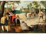 Die Apfelernte by Pieter Brueghel d. J., oil on panel, offered Mar 2024
