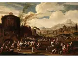 Grosse Dorfansicht mit Bäuerlichem Treiben by Anton Gobau, oil on canvas, sold Dec 2023