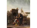Der Prophet Elija und die Witwe Sarepta by Stephano della Cortes, Bambocciant des 17. Jahrhunderts, oil on canvas, offered Jun 2023