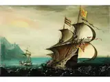 Ein Kriegsschiff vor der Englischen Küste by Cornelisz Hendriksz Vroom, oil on panel, sold Mar 2025