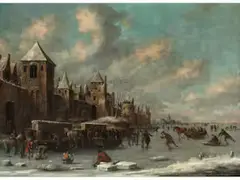 Freuden Einer Eislandschaft vor Einer Stadtmauer by Thomas Heeremans, oil on canvas, sold Mar 2022