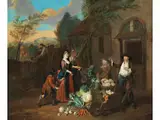 Eine Vornehme Dame mit Ihrer Magd Beim Gemüsehändler by Joseph Van Aken, oil on canvas, offered Apr 2020