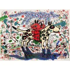 Dog with Shadow by Roy De Forest, 1975, lithograph in colors with screenprint, sold May 2024