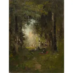 Forest Interior with Figures by William Keith, oil on canvas, sold May 2024