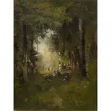 Forest Interior with Figures by William Keith, oil on canvas, sold May 2024