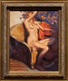Wicker Chair Orange Blanket Nude by Keith Wicks, 2001, oil on canvas, sold May 2024
