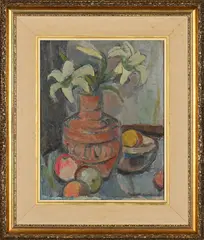 Still Life with Lilies and Fruit by Herbert Coetzee, oil on board, sold Sep 2026