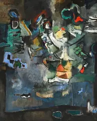 Abstract Still Life by Eben van der Merwe, oil on board, sold Sep 2026