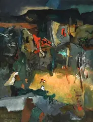 Abstract Landscape by Eben van der Merwe, oil on board, sold Sep 2026