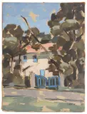 White House with Blue Gate by Didier Chort, 1987, Oil on Wood Panel, sold Aug 2025