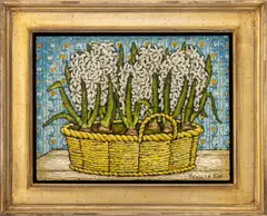 Still Life Scene with White Pearl Hyacinths by Kenneth Cox, Oil on Masonite Panel, sold Aug 2025