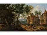Flämische Baumlandschaft mit Häusergruppe und Ziehenden Hirten by Mathys Schoevaerdts, oil, offered Mar 2015