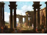 Ruinencapriccio mit Darstellung der Huldigung des Zeus by Francesco Battaglioli, oil on canvas, sold Jun 2019