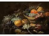 Stillleben mit Einem Traubenkorb, Äpfeln, Quitten und Weinlaub by Roelof Koets d. J., oil on panel, sold Jun 2019