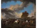 Schimmel in Einem Heerlager Zwischen Pferden und Feldzelten Unter Rauchigem Himmel by Philips Wouwerman, oil on canvas, sold Jul 2015