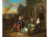 Elegante Dame mit Ihrer Magd Beim Gemüsehändler by Joseph Van Aken, oil on canvas, offered Sep 2025