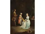 Dame bei Begutachtung Eines Sticktuches by Maestro dei Riflessi, 18. Jahrhundert, oil on canvas, offered Sep 2023