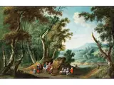 Elegante Ausflügler in Einem Wald in der Nähe Eines Flusses by Carel Beschey, oil on panel, offered Mar 2024