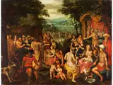 Moses Schlägt Wasser aus dem Felsen by Hendrik van Balen d. J., oil, sold Jun 2024