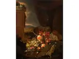 Früchtestillleben in Landschaft by Jacob Rotius, oil on canvas, sold Sep 2023