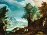 Landschaft mit Flusslauf, Steinbrücke, Gebäuden und Figurenstaffage by Paul Bril, oil on copper, offered Dec 2015