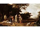 Jagdliche Gesellschaft am Brunnen by Abraham Danielsz Hondius, oil on panel, sold Dec 2025