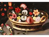 Stillleben mit Blumenkorb und Blütenkranz by Andries Daniels, oil, offered Mar 2024